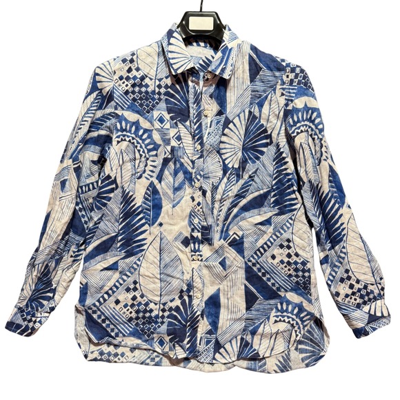 J McLaughlin Linen Small Abstract Print Button Up Shirt Top Blue White Floral - Picture 3 of 8